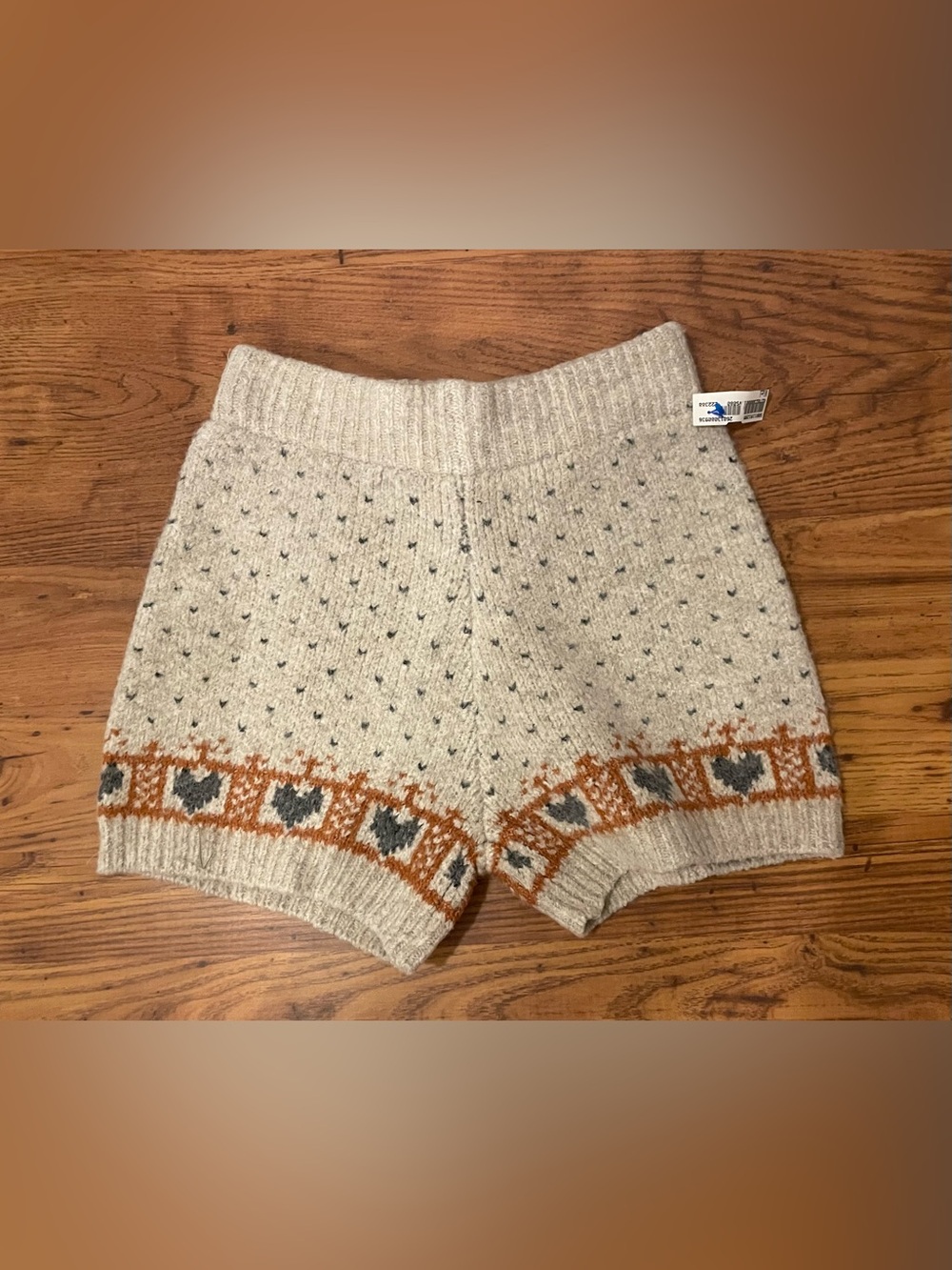 Vici Cream Knit High Waist Shorts with Gray and Rust Heart Fairisle Border
